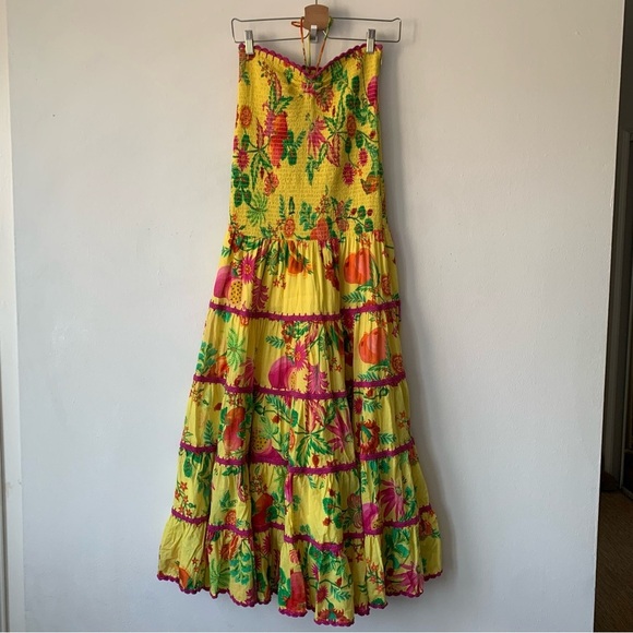 Farm Rio Delicate Fruit Garden Yellow Smocked Strapless Halter Tiered Maxi Dress - Picture 8 of 14